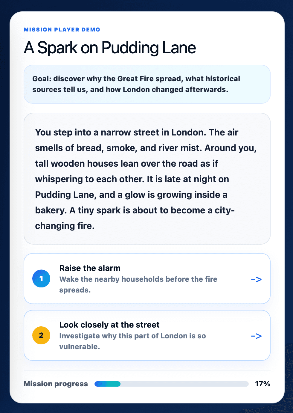 Mission Player demo preview for A Spark on Pudding Lane